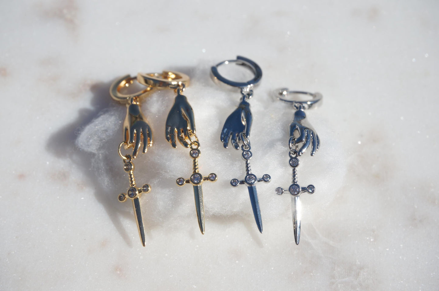 STILETTO Dainty Gold/Silver Hand Holding Dagger Huggie Hoop Earrings