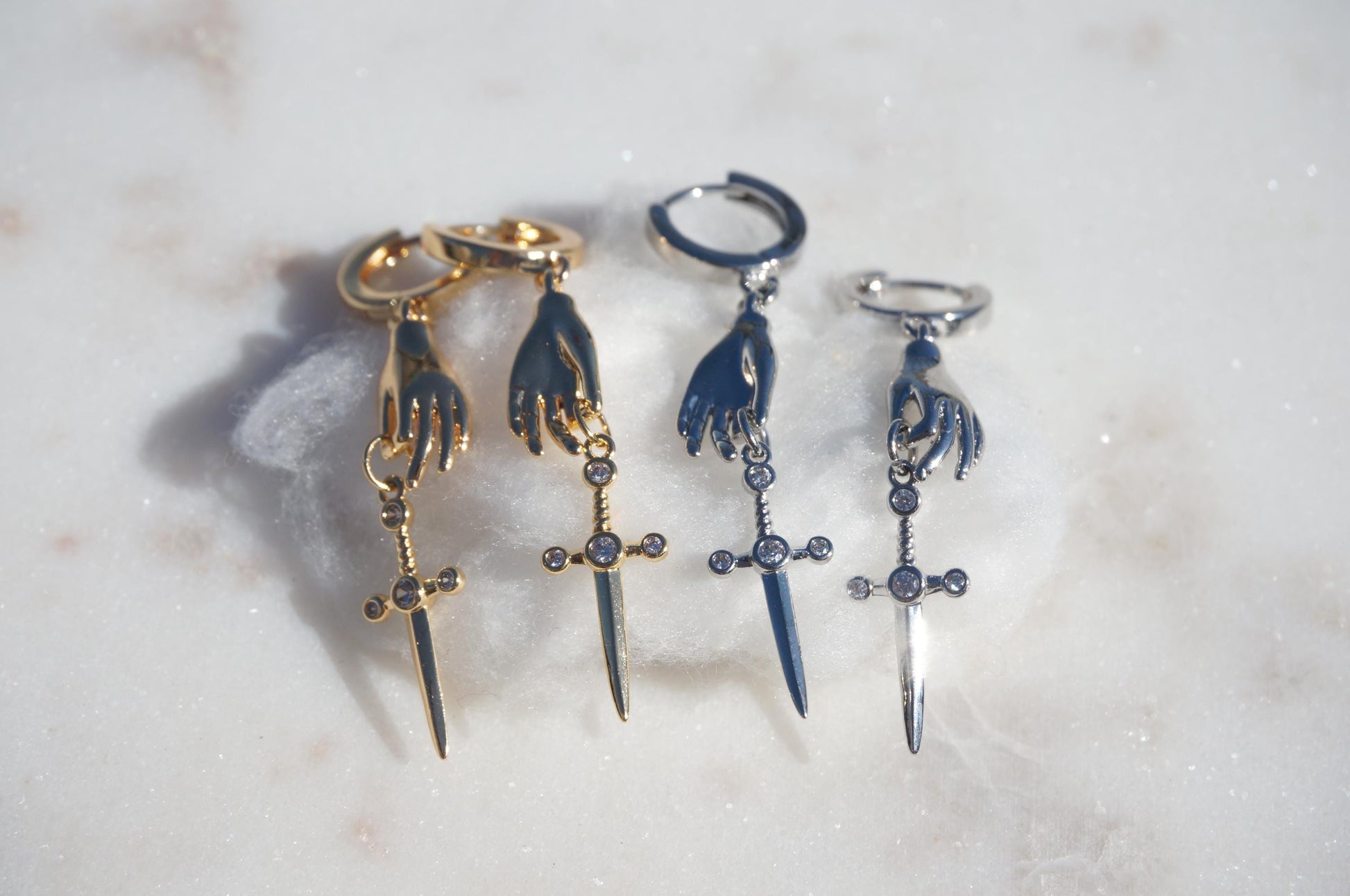 STILETTO Dainty Gold/Silver Hand Holding Dagger Huggie Hoop Earrings