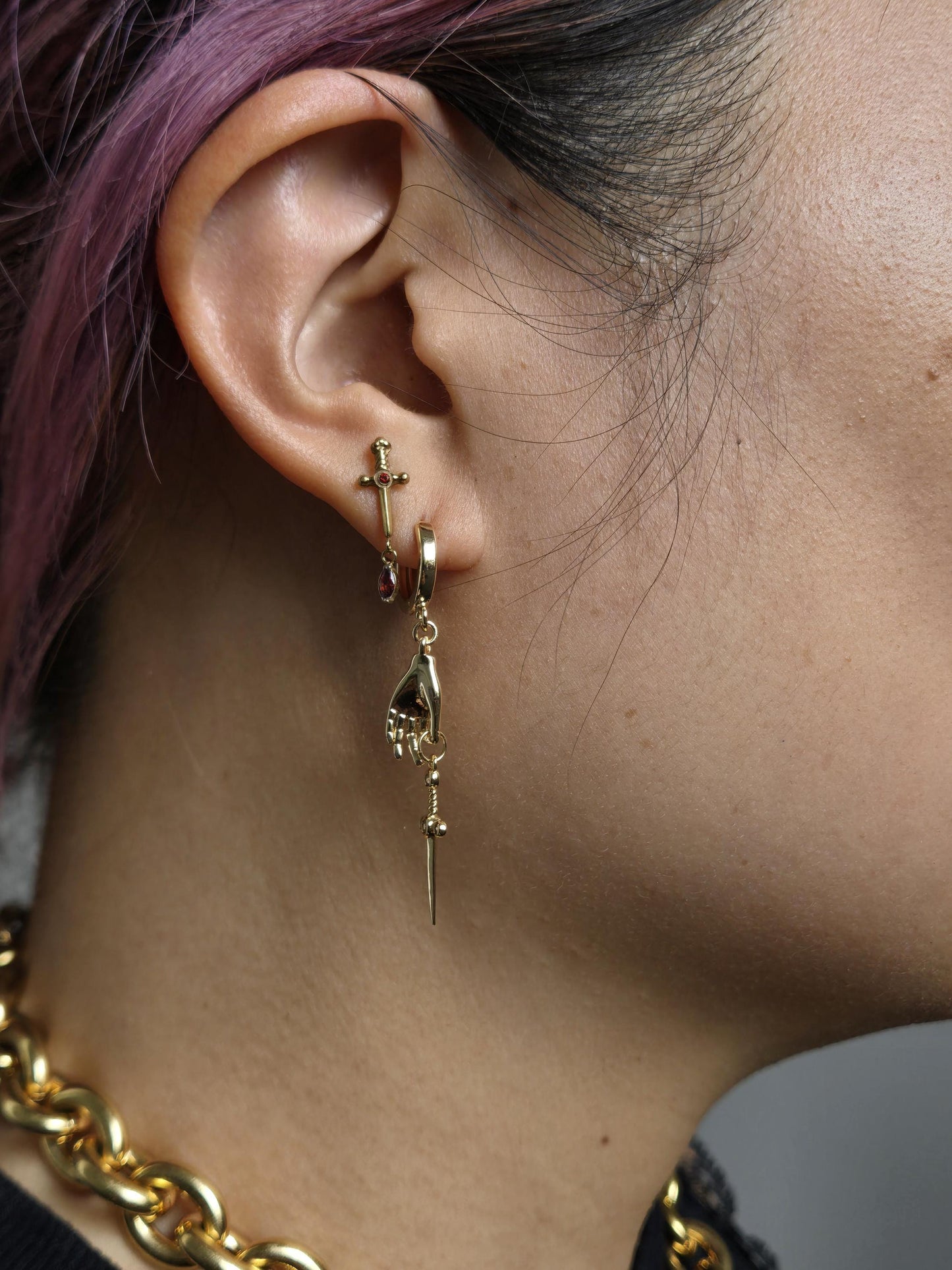 STILETTO Dainty Gold/Silver Hand Holding Dagger Huggie Hoop Earrings
