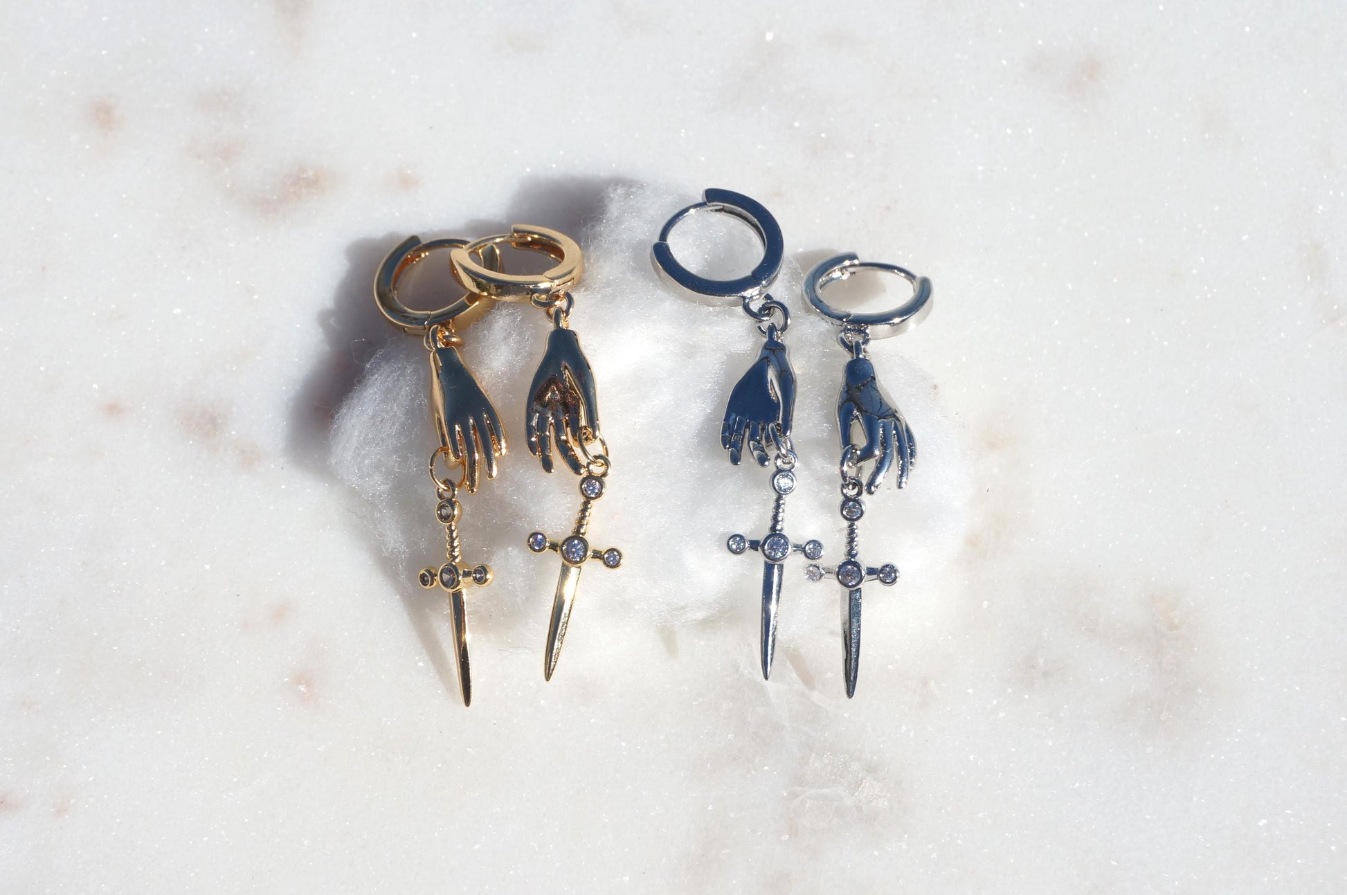 STILETTO Dainty Gold/Silver Hand Holding Dagger Huggie Hoop Earrings