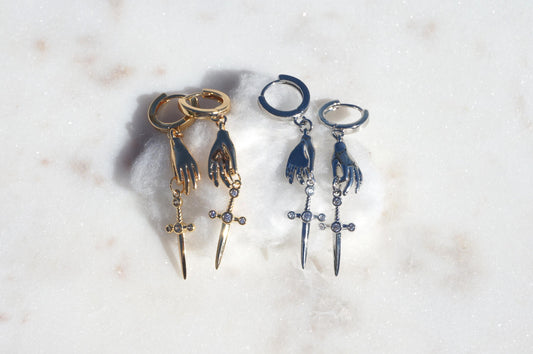 STILETTO Dainty Gold/Silver Hand Holding Dagger Huggie Hoop Earrings