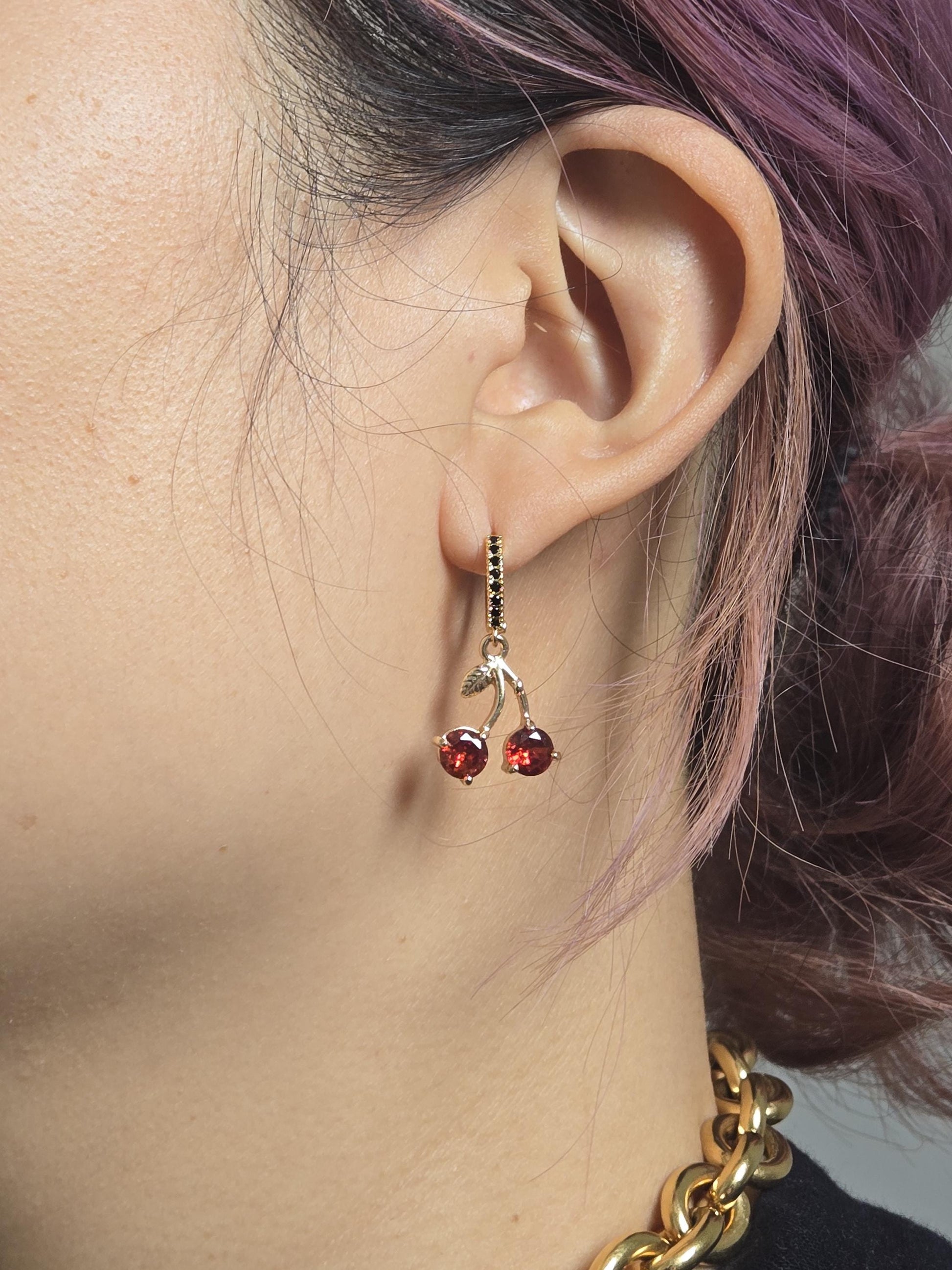 Dainty Cherry Fruit Huggie Hoop Earrings