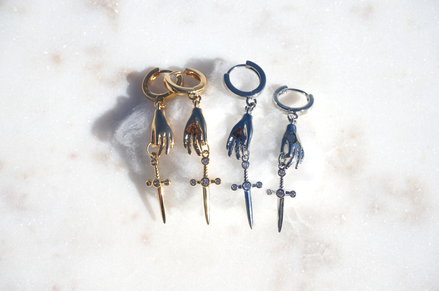 STILETTO Dainty Gold/Silver Hand Holding Dagger Huggie Hoop Earrings