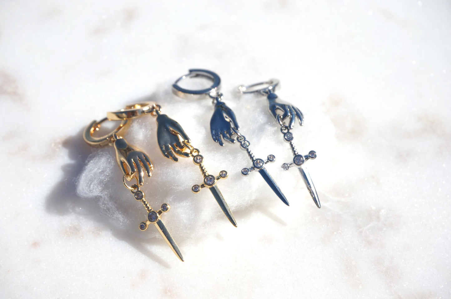 STILETTO Dainty Gold/Silver Hand Holding Dagger Huggie Hoop Earrings