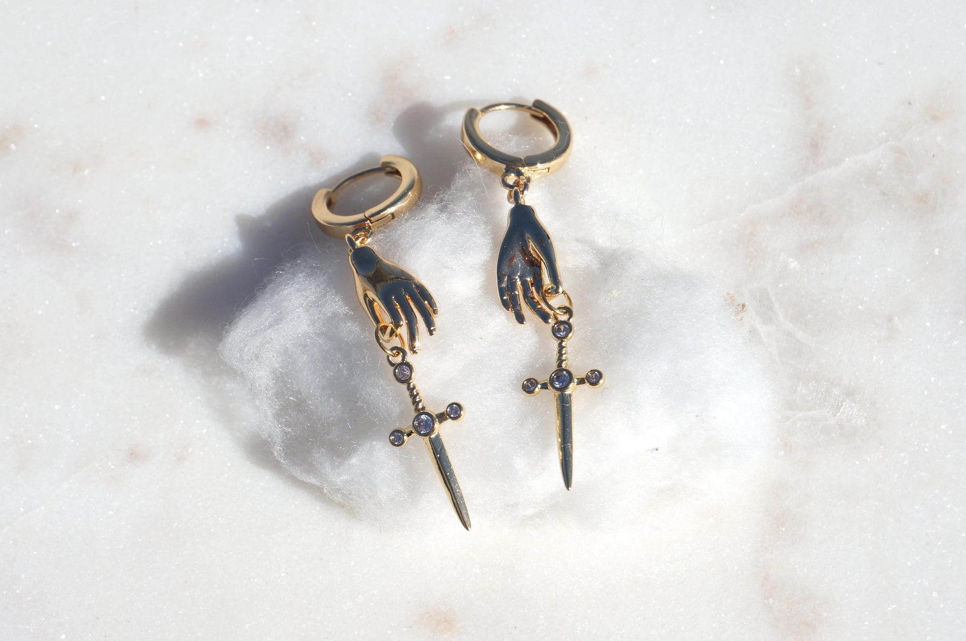 STILETTO Dainty Gold/Silver Hand Holding Dagger Huggie Hoop Earrings