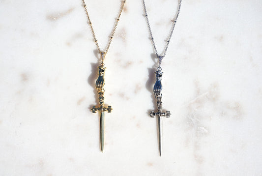 Gold/Silver Gauntlet Holding Gladius Sword Necklace