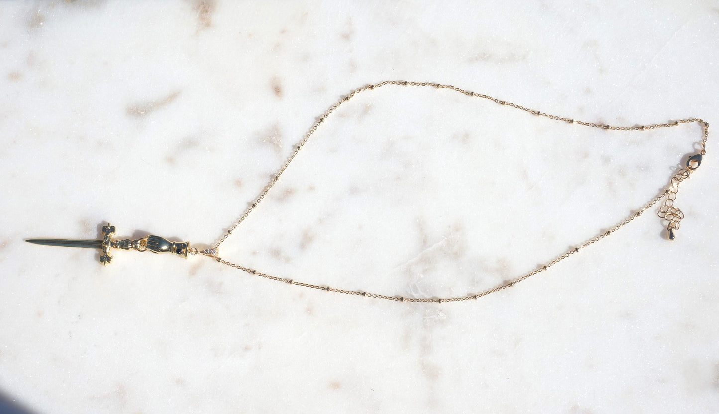 Gold/Silver Gauntlet Holding Gladius Sword Necklace
