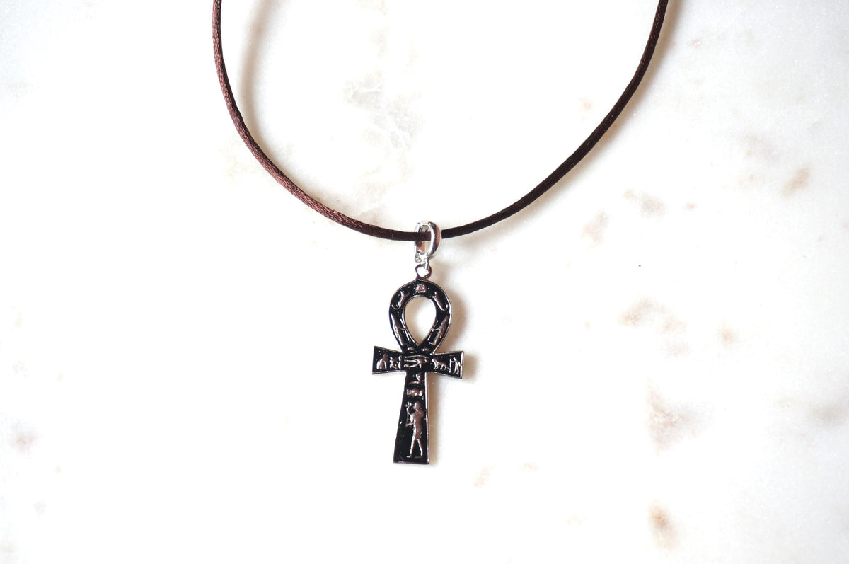 Black Ankh Boho Sateen Cord Necklace