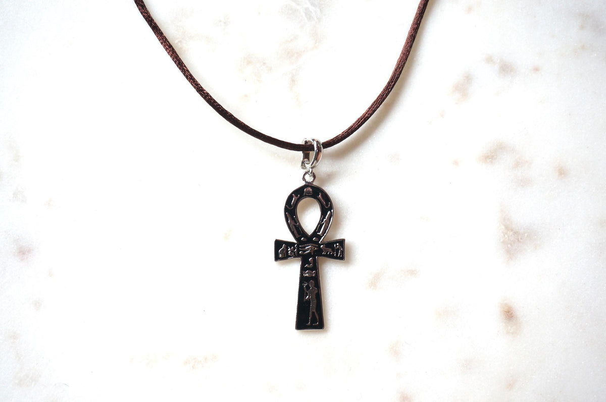Black Ankh Boho Sateen Cord Necklace