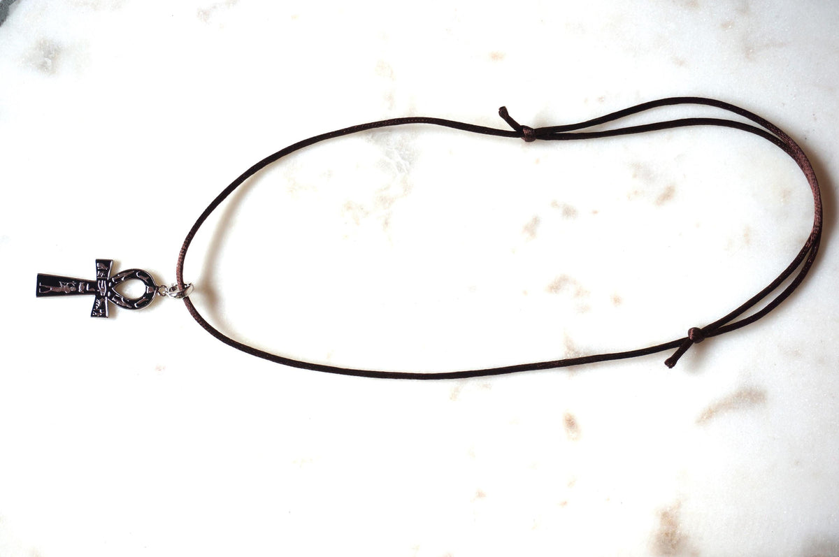 Black Ankh Boho Sateen Cord Necklace