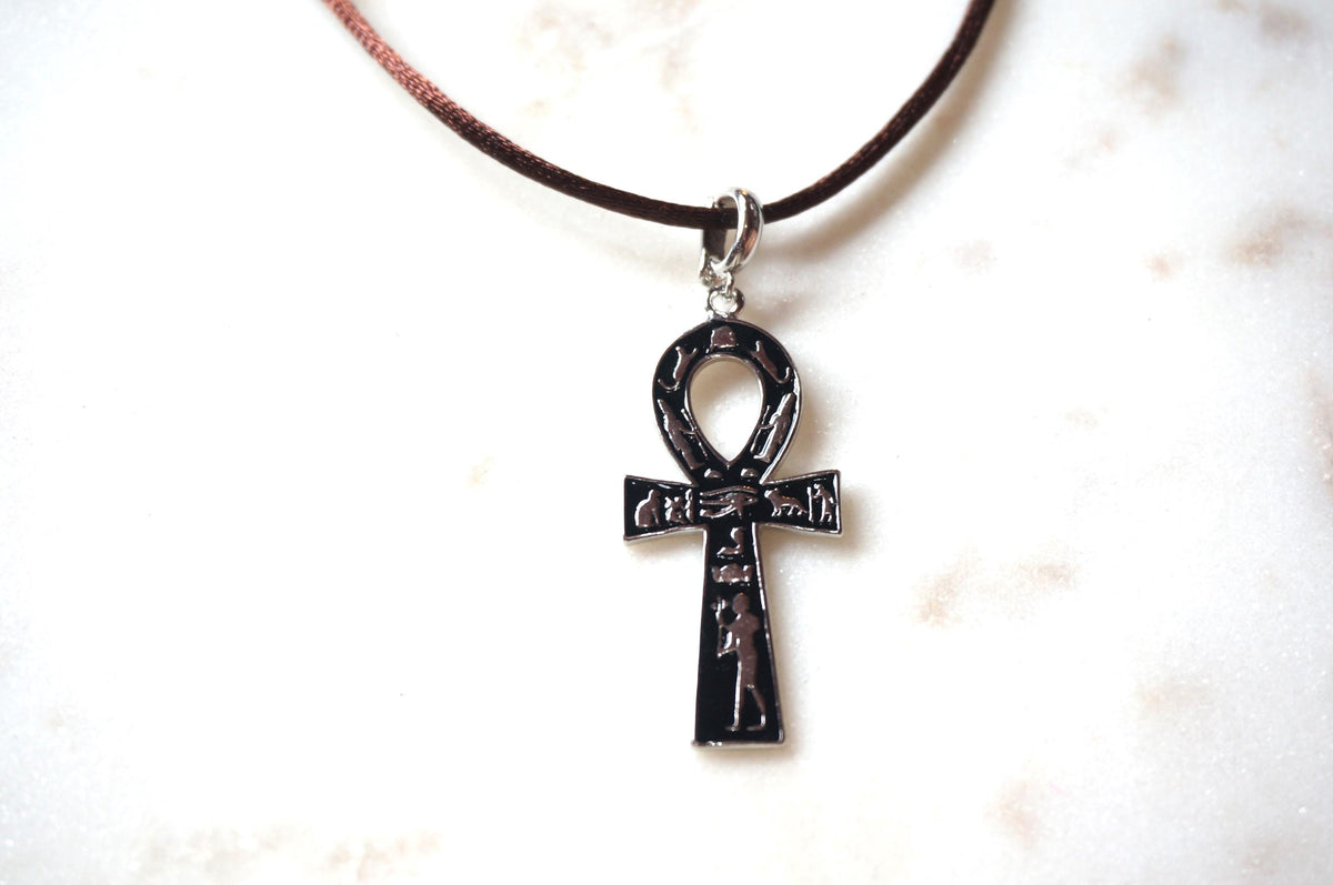 Black Ankh Boho Sateen Cord Necklace