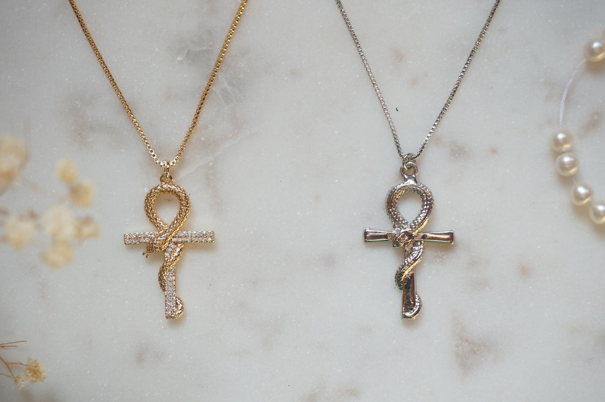 Gold/Silver Snake Ankh Pendant Necklace