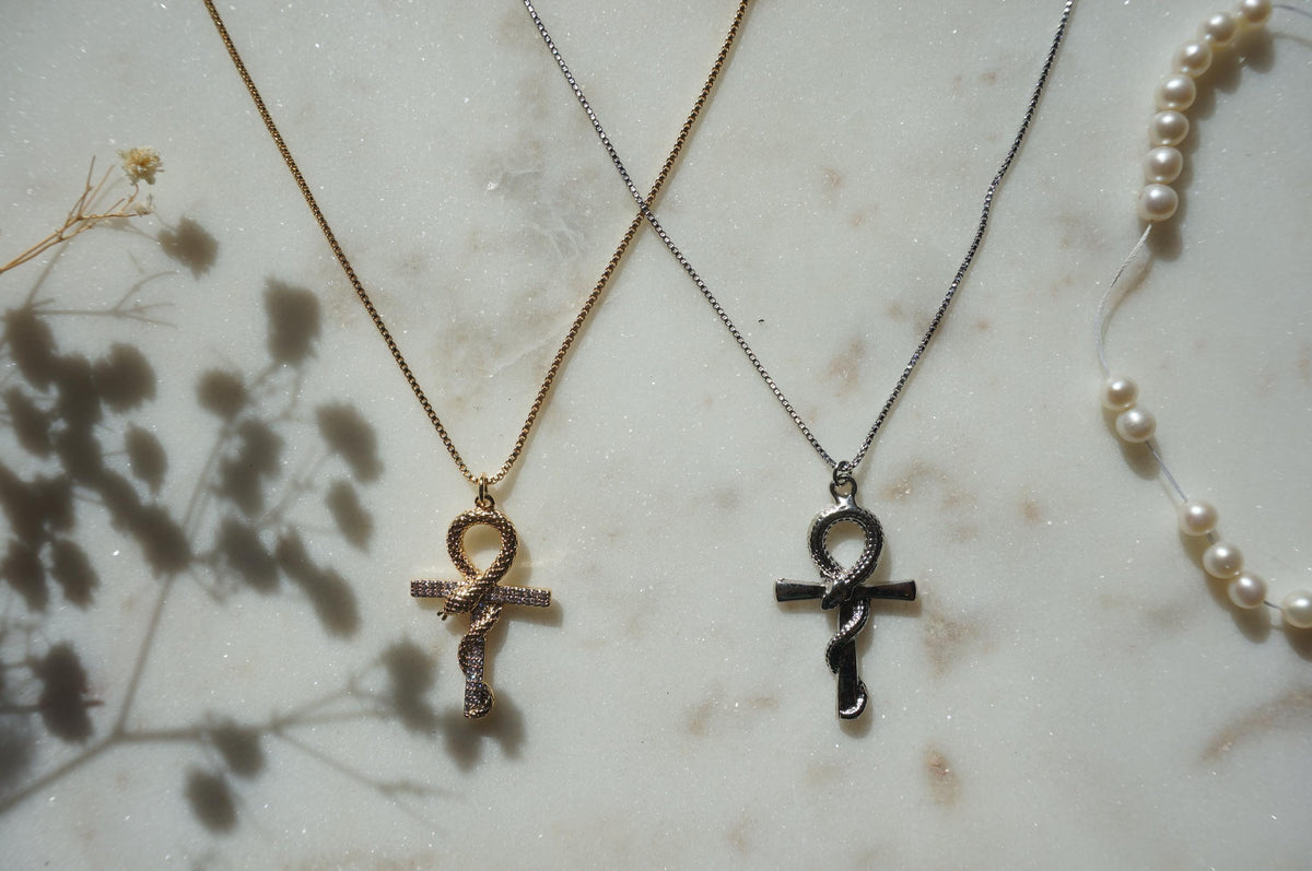 Gold/Silver Snake Ankh Pendant Necklace