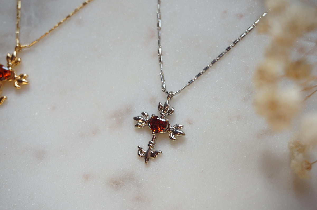 Gold/Silver Red Heart Gem Flaming Cross Pendant Necklace