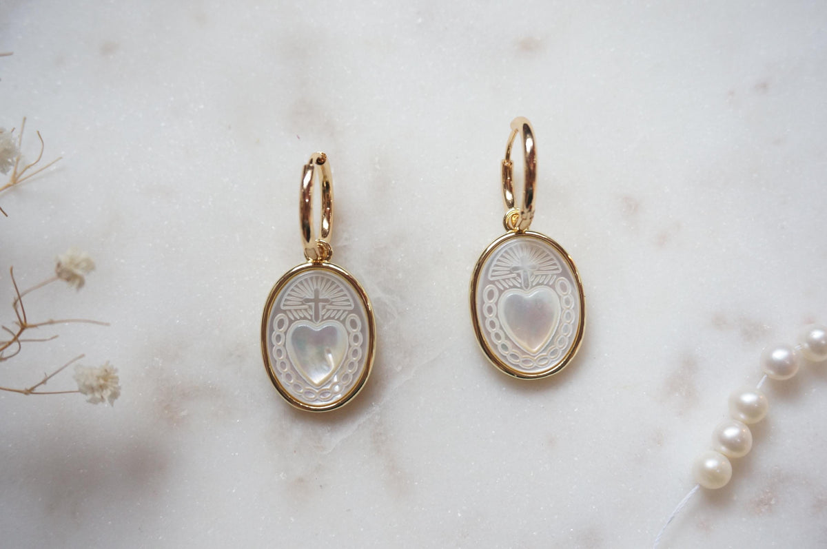 Gold Sacred Heart Mother of Pearl Hoop Earrings