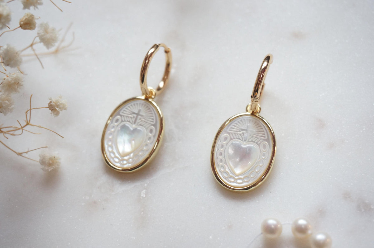 Gold Sacred Heart Mother of Pearl Hoop Earrings