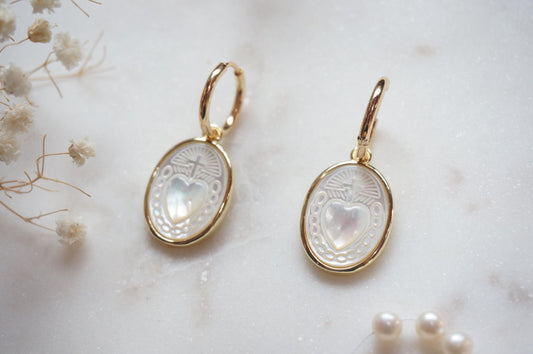 Gold Sacred Heart Mother of Pearl Hoop Earrings