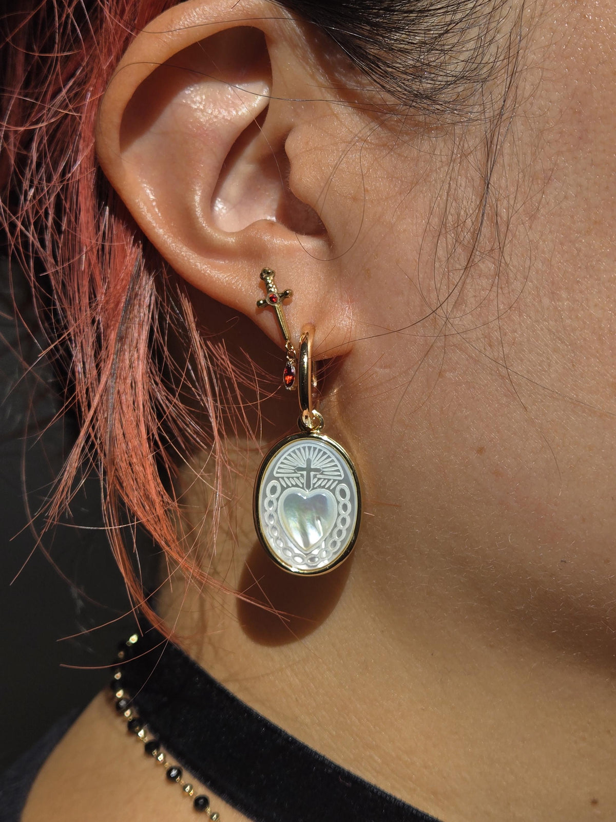 Gold Sacred Heart Mother of Pearl Hoop Earrings