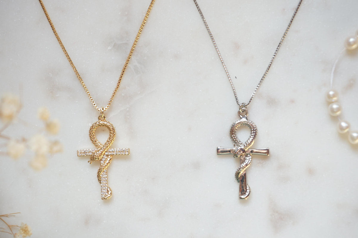 Gold/Silver Snake Ankh Pendant Necklace
