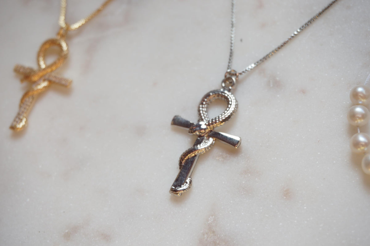 Gold/Silver Snake Ankh Pendant Necklace