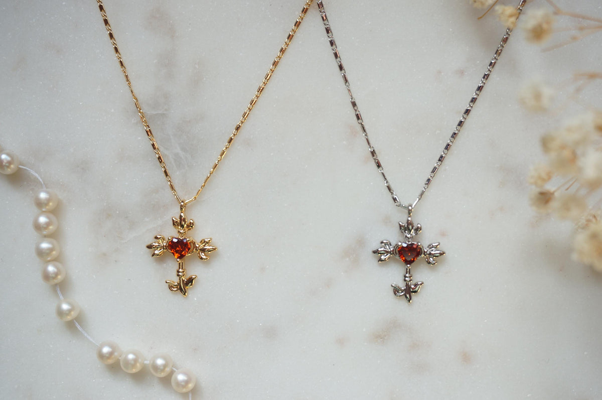 Gold/Silver Red Heart Gem Flaming Cross Pendant Necklace