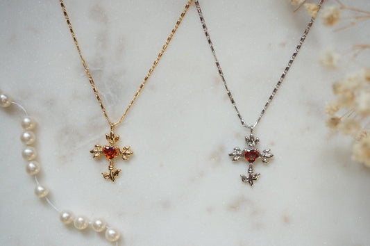 Gold/Silver Red Heart Gem Flaming Cross Pendant Necklace