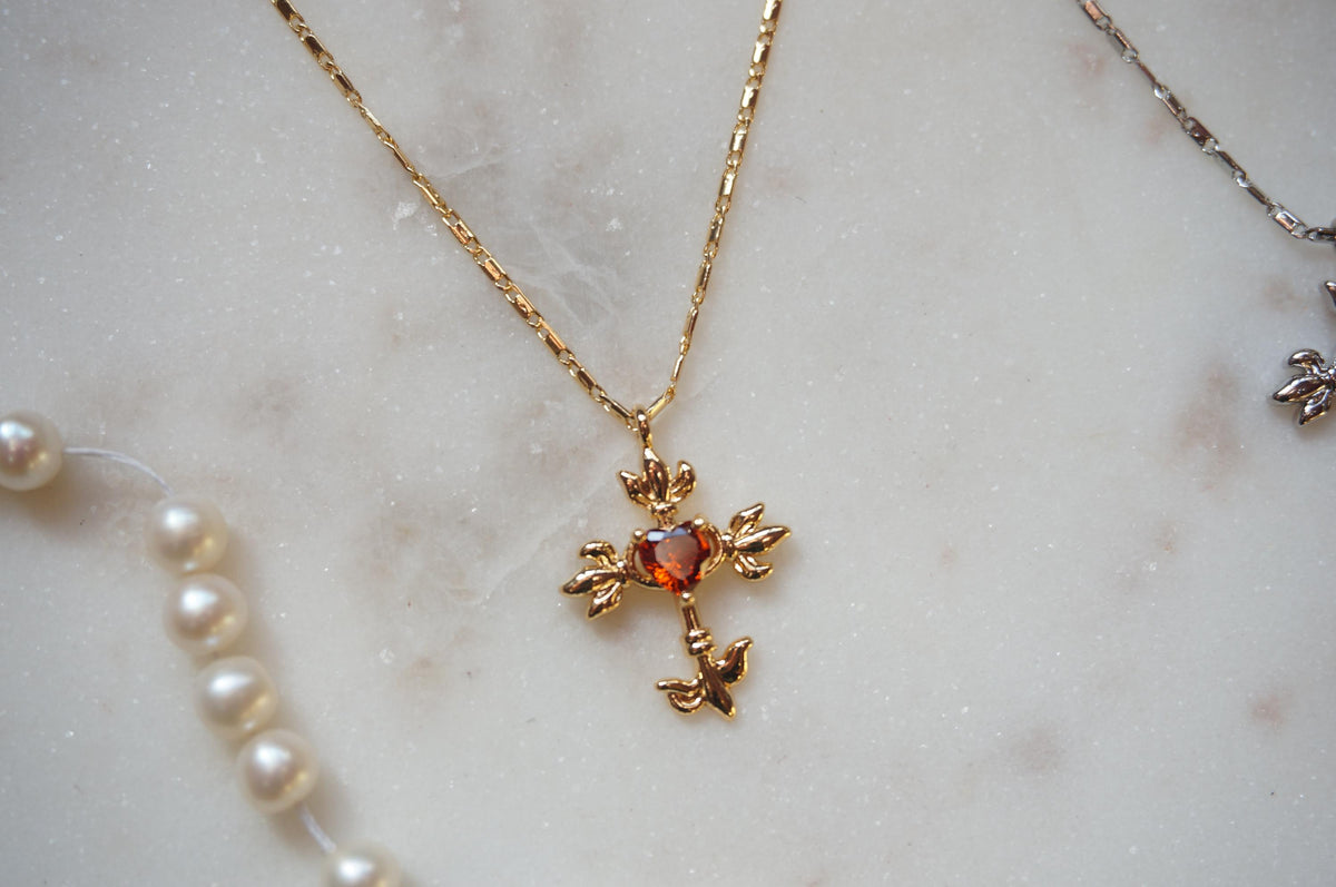 Gold/Silver Red Heart Gem Flaming Cross Pendant Necklace