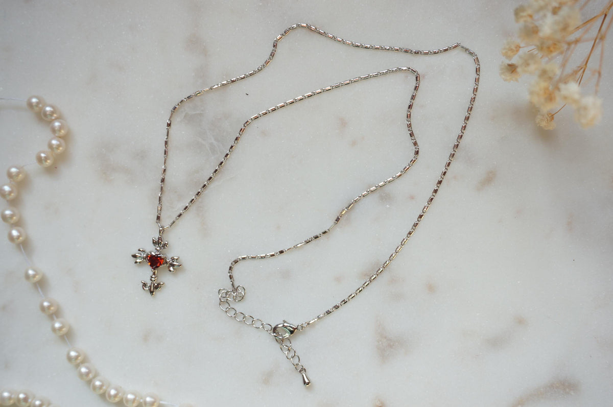 Gold/Silver Red Heart Gem Flaming Cross Pendant Necklace