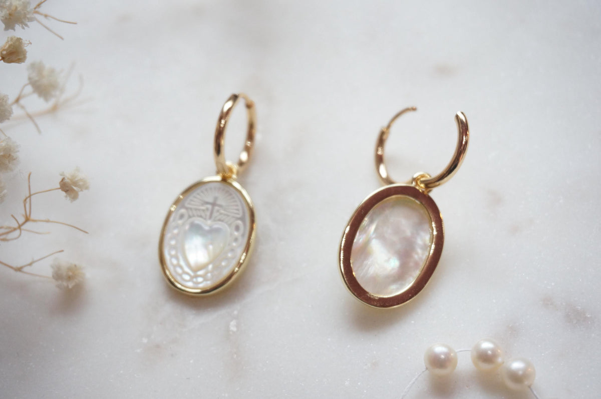 Gold Sacred Heart Mother of Pearl Hoop Earrings
