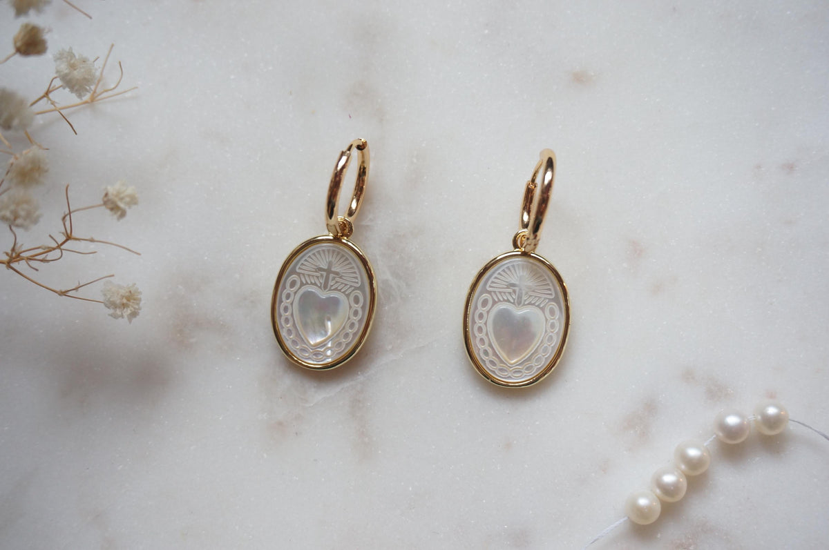 Gold Sacred Heart Mother of Pearl Hoop Earrings