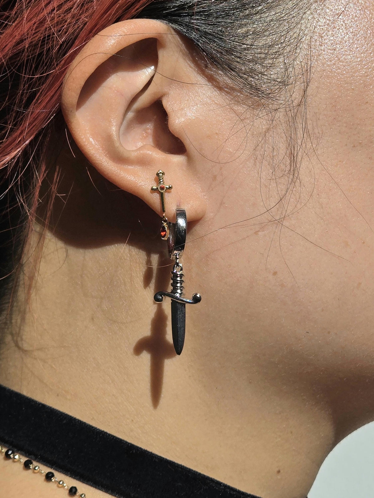 MELANGE Hand and Dagger Mismatched Hoop Earrings