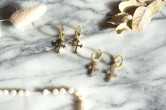 Gold Cross Clear/Black Huggie Earrings