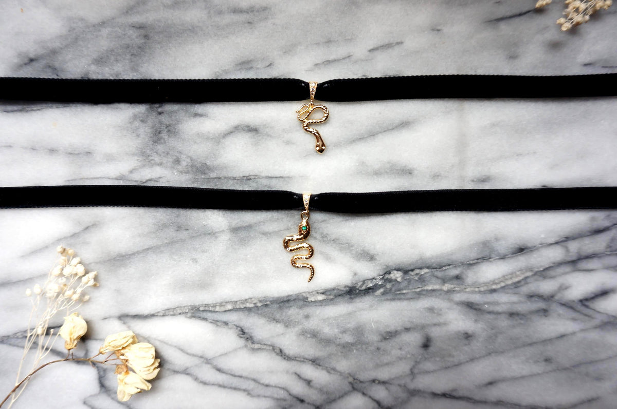 Gold Snake and Gem Black Stretch Velvet Choker