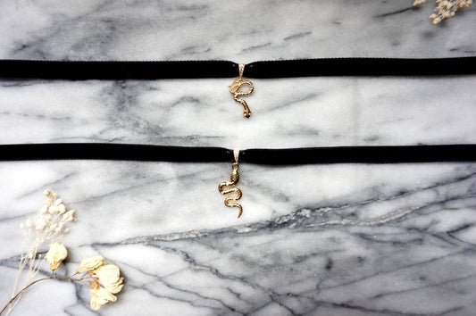 Gold Snake and Gem Black Stretch Velvet Choker