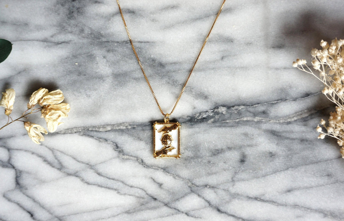 All seeing eye and Hands Frame necklace / Mother of Pearl Necklace