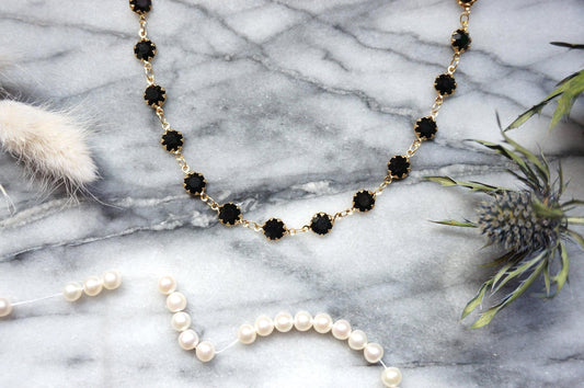 Black/Clear Crystal Gold Chain Choker/ Gold Chain Choker