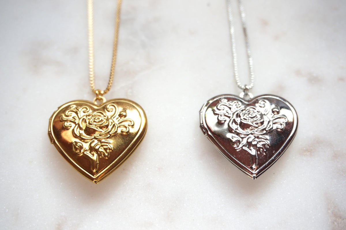 Antique Style Botanical Heart Locket Gold/Silver Necklace