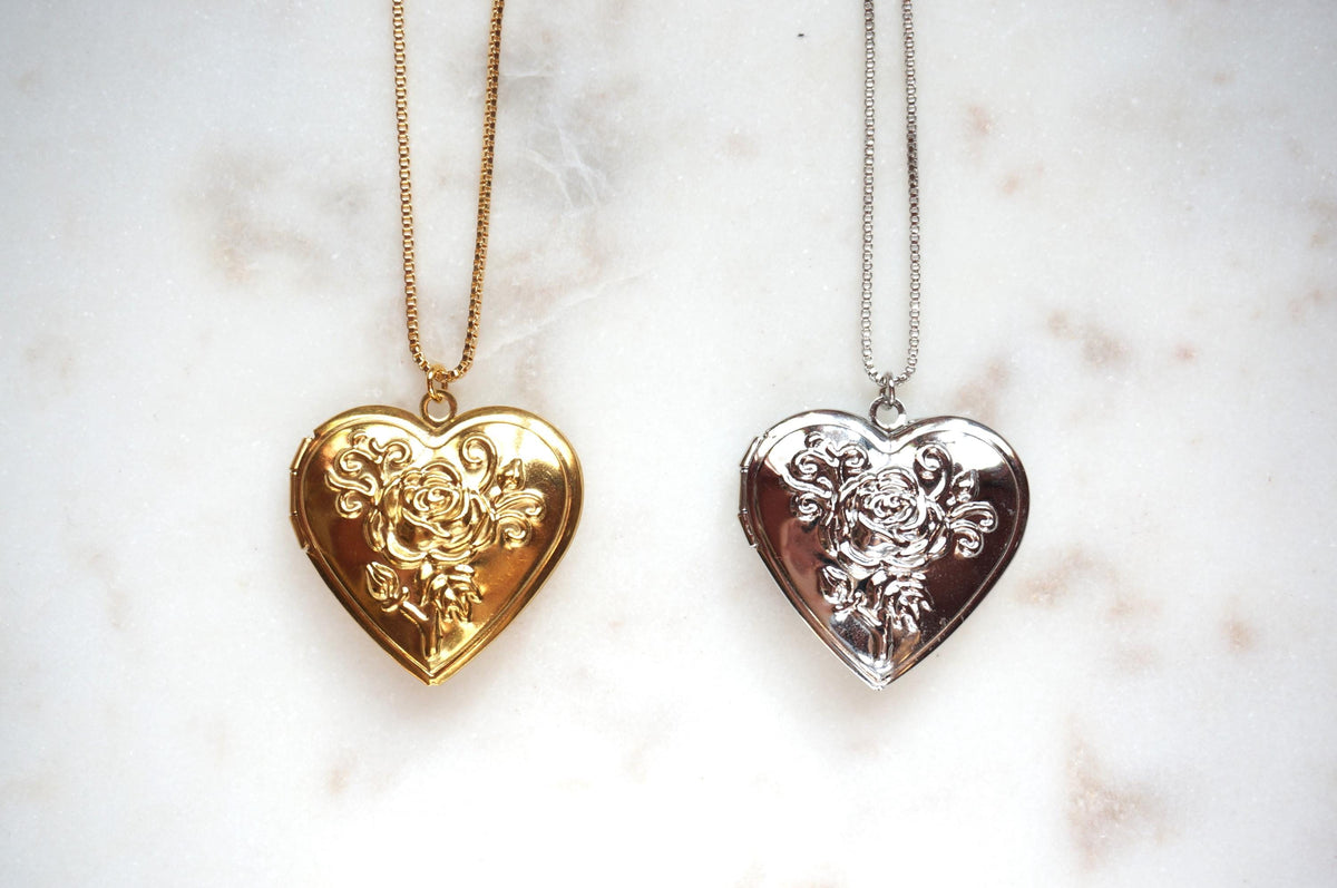 Antique Style Botanical Heart Locket Gold/Silver Necklace