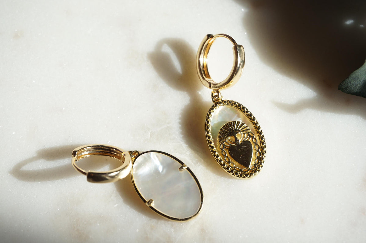 Gold Mother of Pearl Sacred Heart Hoop Earrings