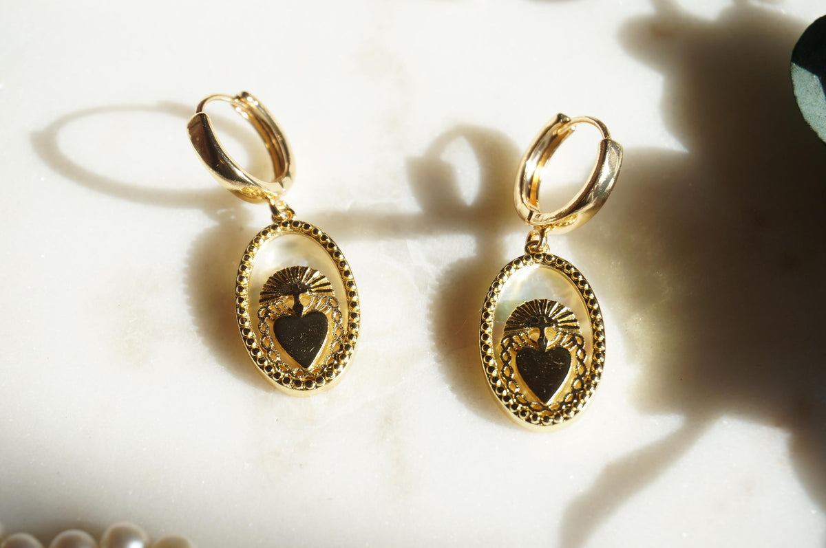 Gold Mother of Pearl Sacred Heart Hoop Earrings