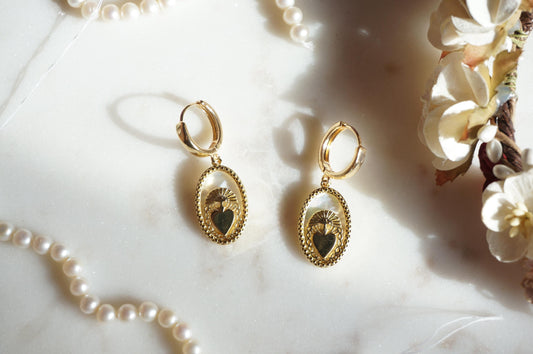 Gold Mother of Pearl Sacred Heart Hoop Earrings