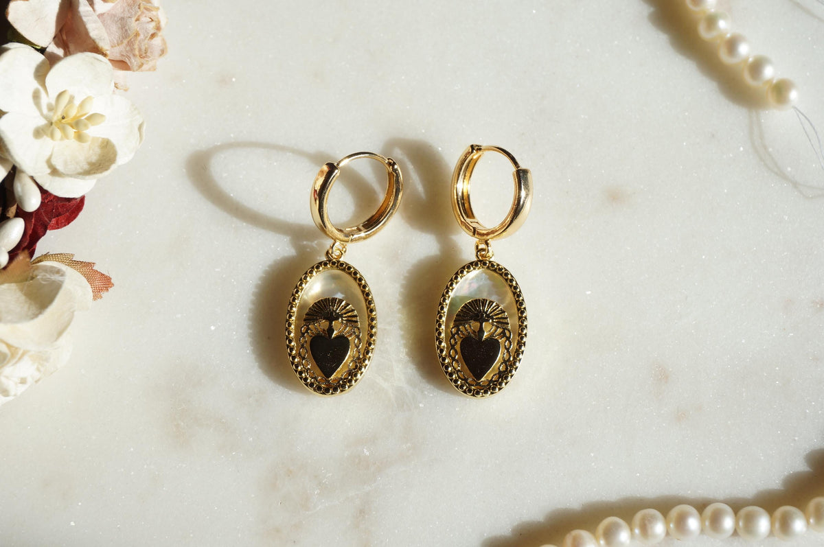 Gold Mother of Pearl Sacred Heart Hoop Earrings