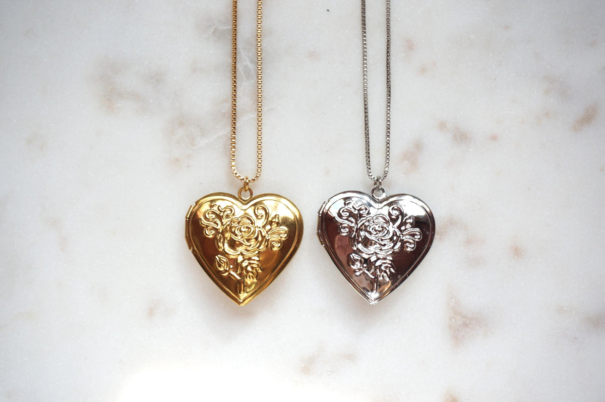 Antique Style Botanical Heart Locket Gold/Silver Necklace