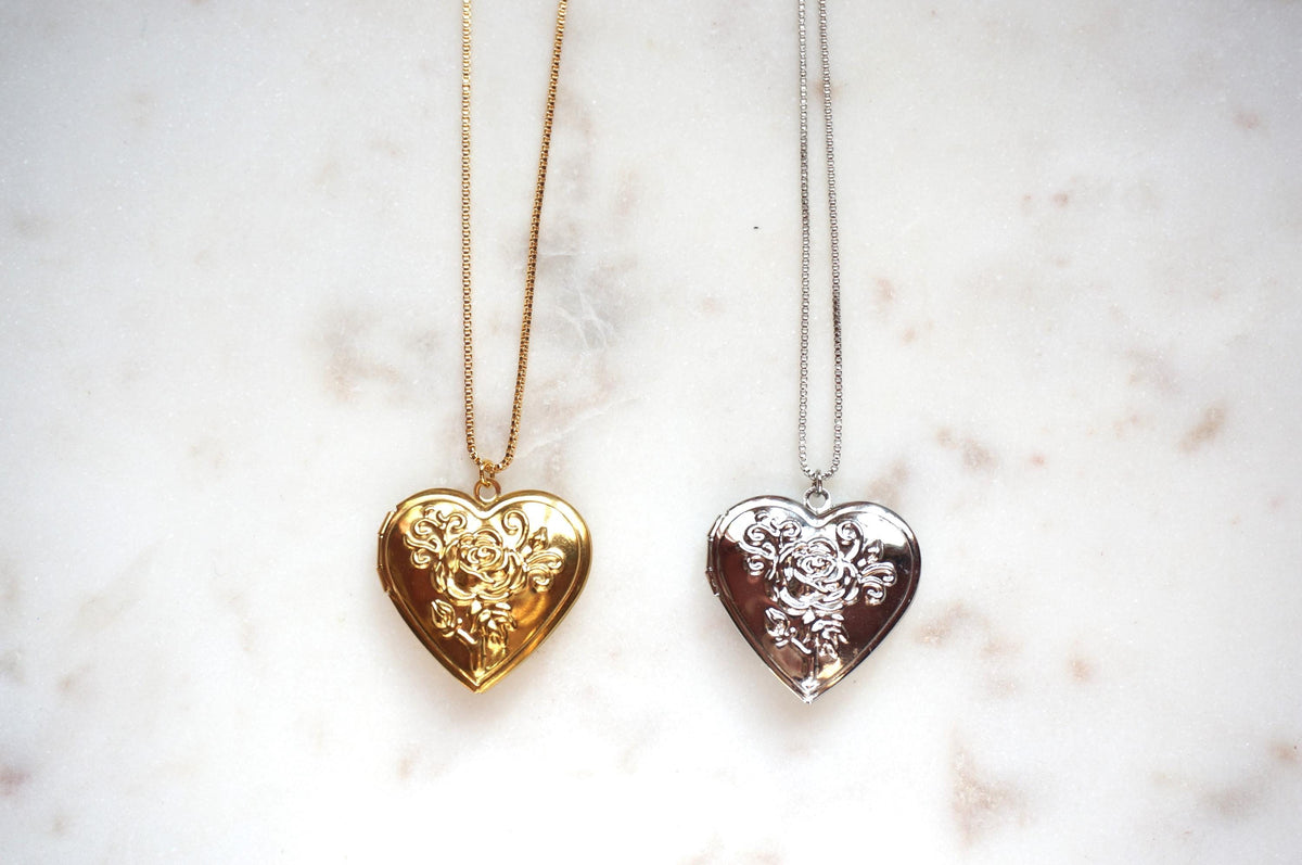Antique Style Botanical Heart Locket Gold/Silver Necklace