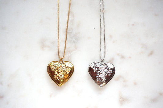 Antique Style Botanical Heart Locket Gold/Silver Necklace