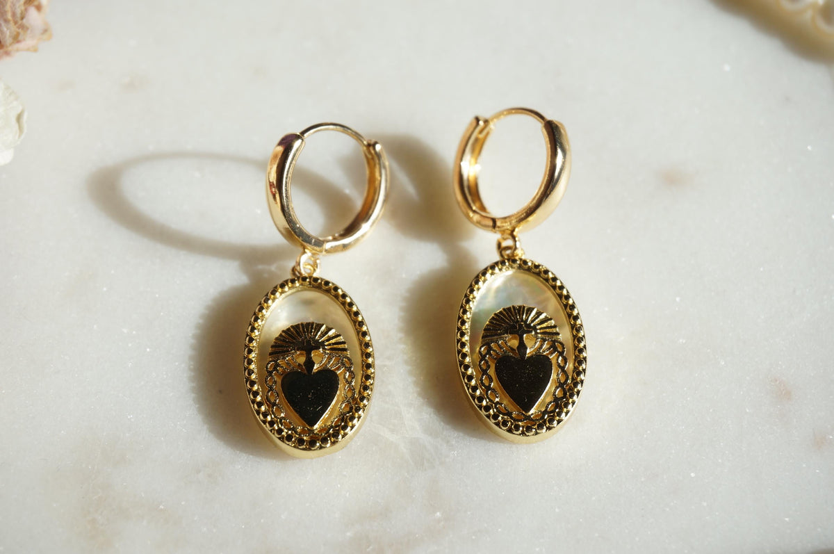 Gold Mother of Pearl Sacred Heart Hoop Earrings