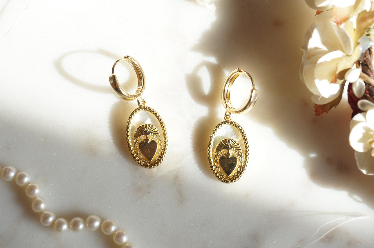 Gold Mother of Pearl Sacred Heart Hoop Earrings
