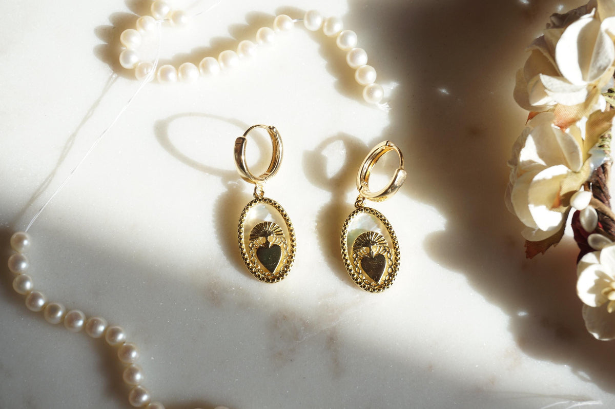 Gold Mother of Pearl Sacred Heart Hoop Earrings