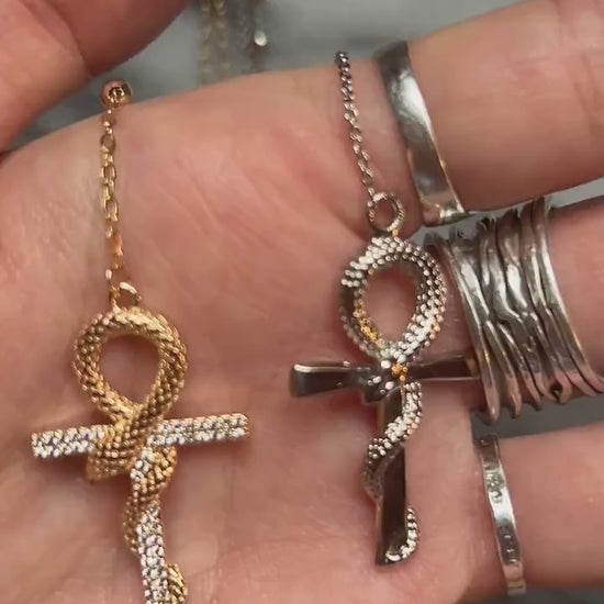 Snake Ankh and Moon Gold/Silver Rosary Style Necklace / Cross Necklace