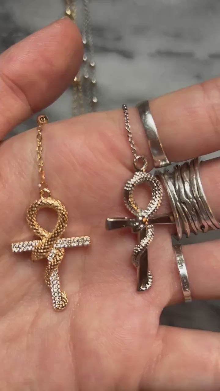 Snake Ankh and Moon Gold/Silver Rosary Style Necklace / Cross Necklace